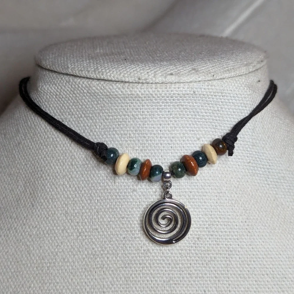 Moss Agate Spiral Swirl Wooden Hippie Beaded Adjustable Rope Necklace